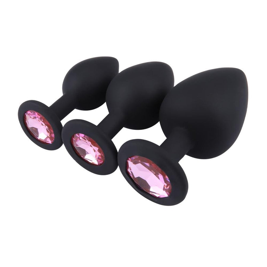 Pink Jeweled Black Silicone Butt Plugs, 3 Piece Set