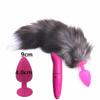 15" Dark Fox Tail with Pink Silicone Princess-type Plug and Extra Vibrator